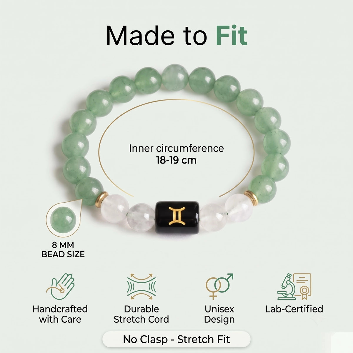 Gemini Zodiac Bracelet (Mithun Rashi) | Natural Green Aventurine & Milky Quartz