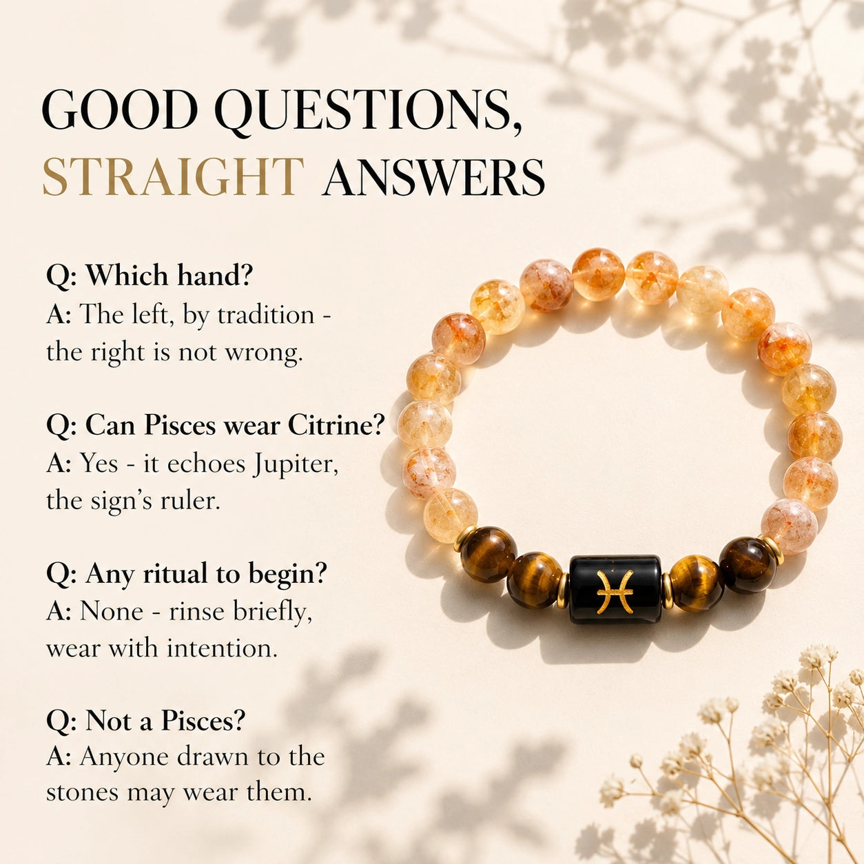 Pisces Zodiac Bracelet (Meen Rashi) | Natural Citrine & Tiger's Eye