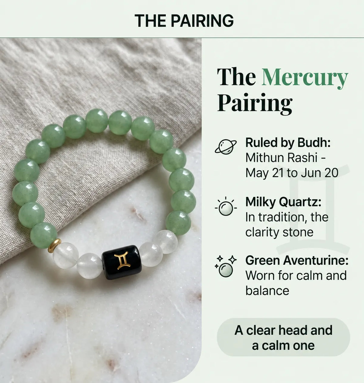 Gemini Zodiac Bracelet (Mithun Rashi) | Natural Green Aventurine & Milky Quartz