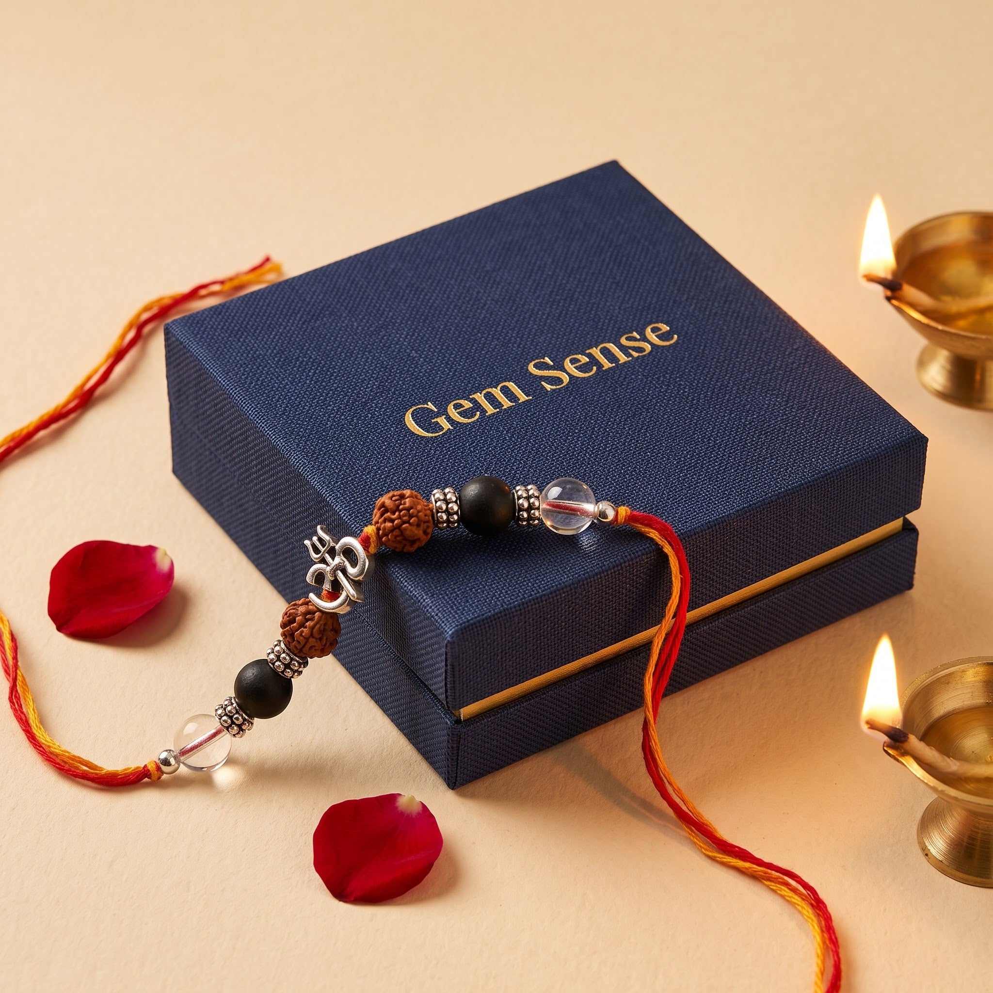 Rudra Kavach Rakhi – Original Rudraksha, Karungali & Sphatik Rakhi with Om Trishul for Brother