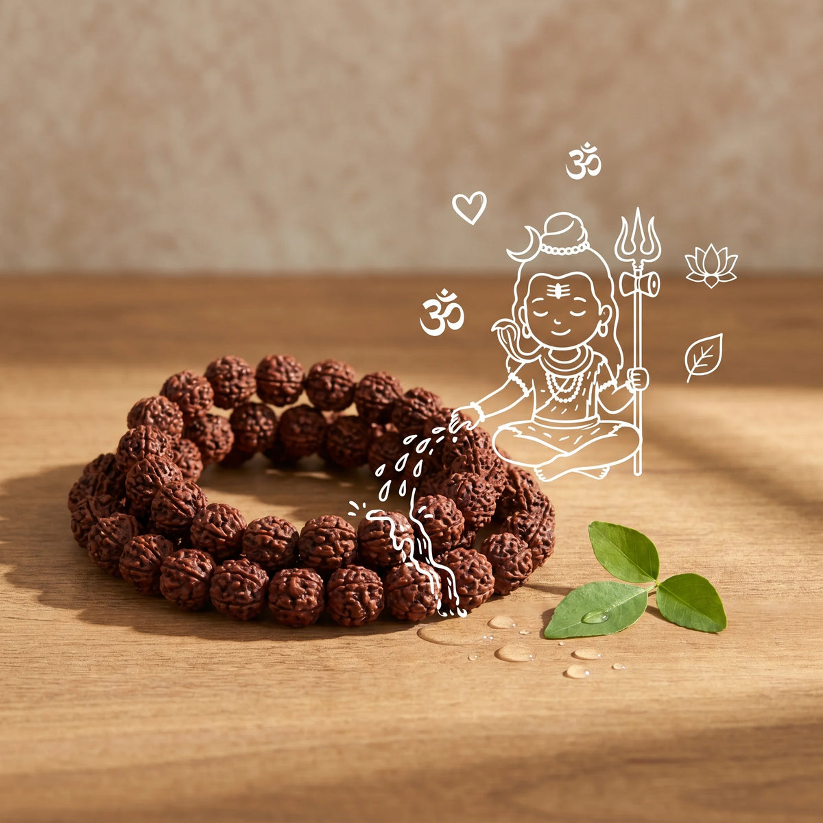 Natural 5 Mukhi Rudraksha 32+1 bead mala close-up — bead detail, GemSense