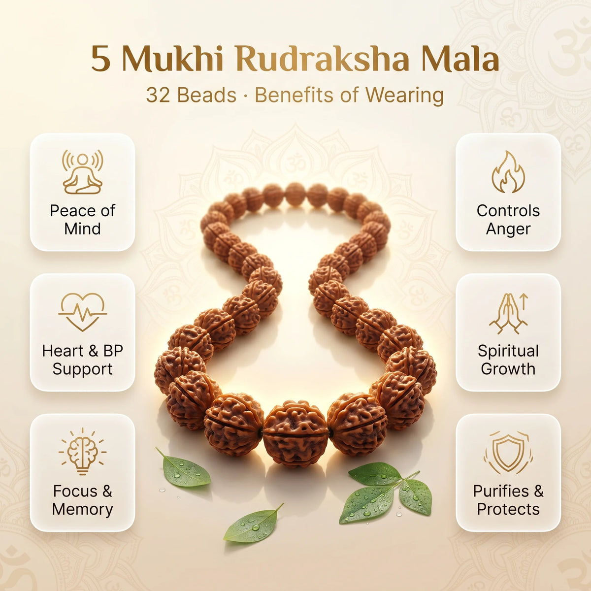 GemSense 5 Mukhi Rudraksha 32+1 bead mala — product view 3
