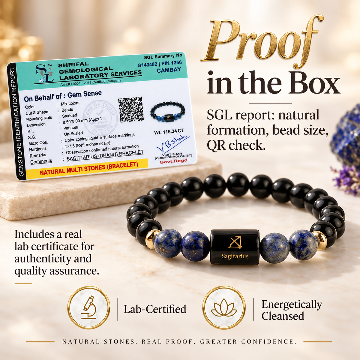 Sagittarius Zodiac Bracelet (Dhanu Rashi) | Natural Lapis Lazuli & Black Obsidian