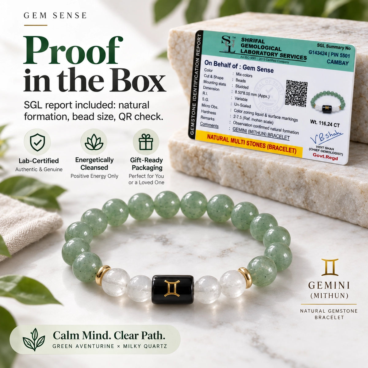 Gemini Zodiac Bracelet (Mithun Rashi) | Natural Green Aventurine & Milky Quartz