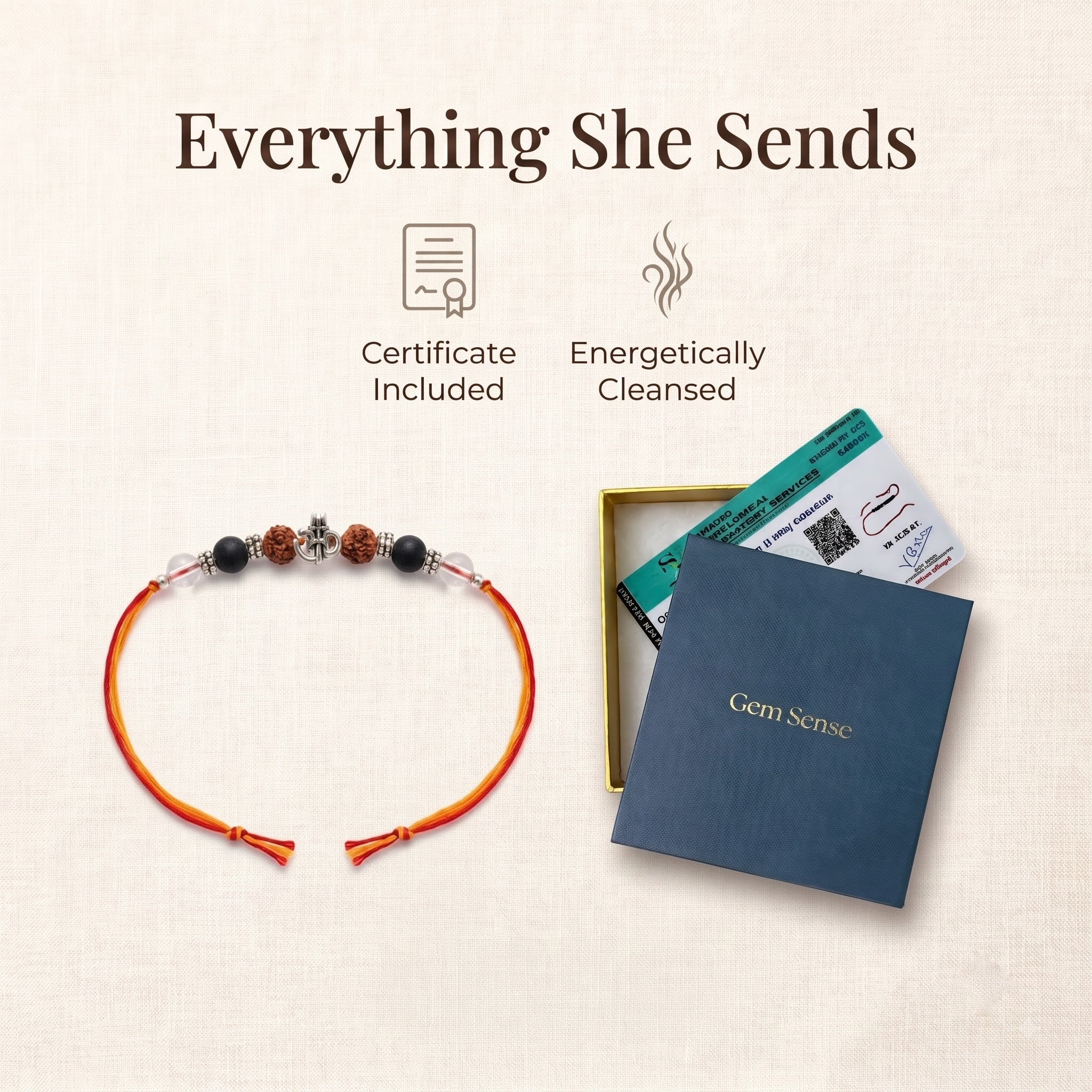 Rudra Kavach Rakhi – Original Rudraksha, Karungali & Sphatik Rakhi with Om Trishul for Brother