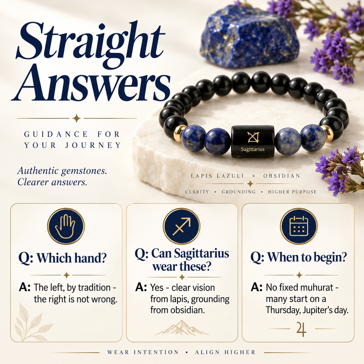 Sagittarius Zodiac Bracelet (Dhanu Rashi) | Natural Lapis Lazuli & Black Obsidian