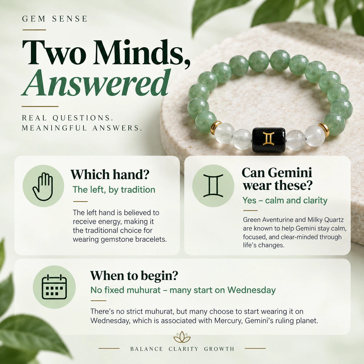 Gemini Zodiac Bracelet (Mithun Rashi) | Natural Green Aventurine & Milky Quartz