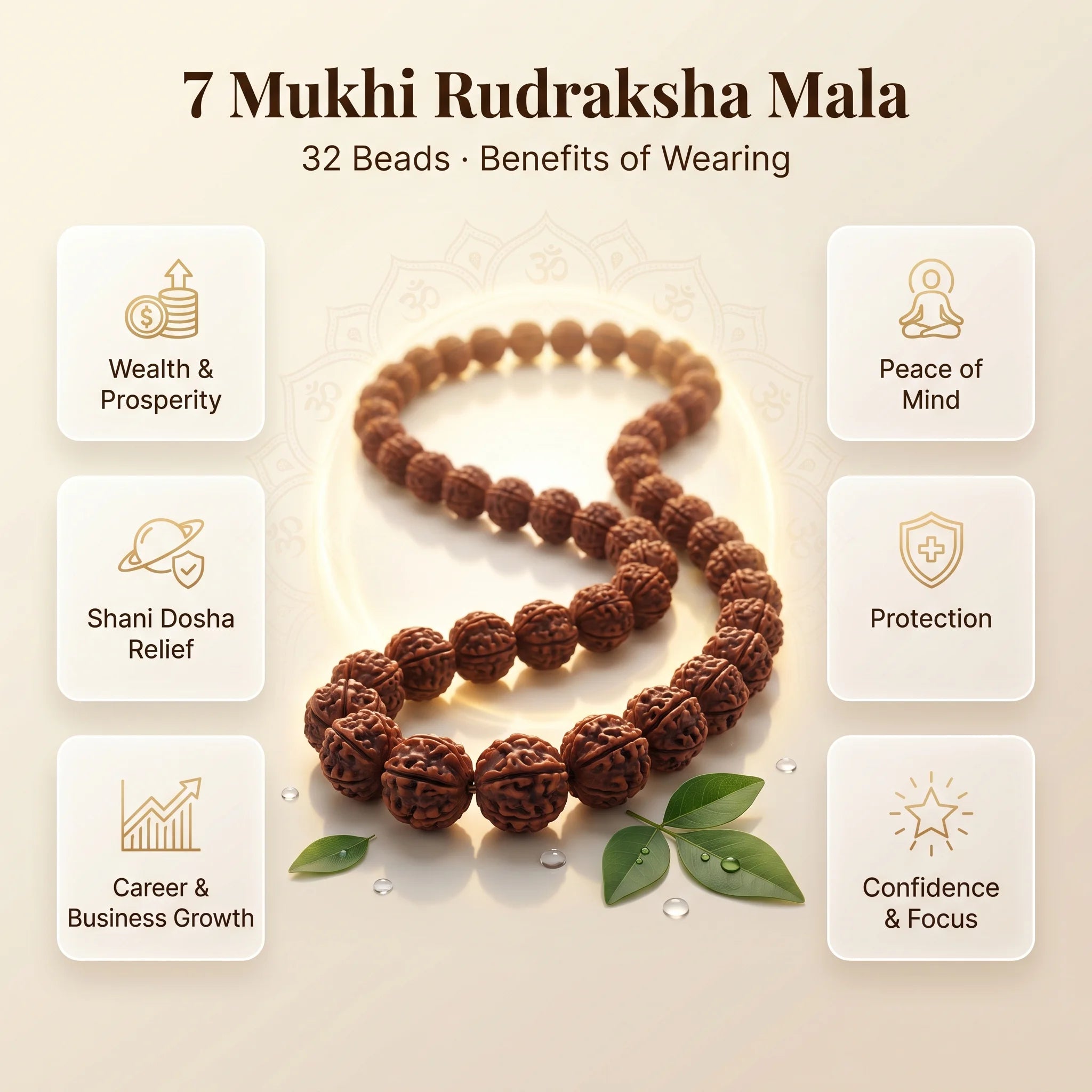 Natural 7 Mukhi Rudraksha 32+1 bead mala close-up — bead detail, GemSense