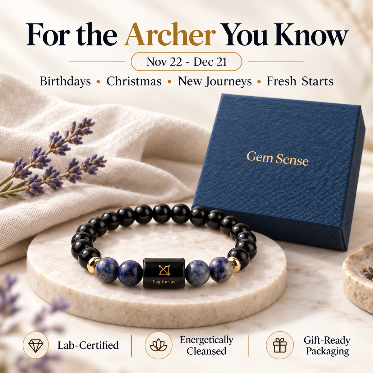 Sagittarius Zodiac Bracelet (Dhanu Rashi) | Natural Lapis Lazuli & Black Obsidian