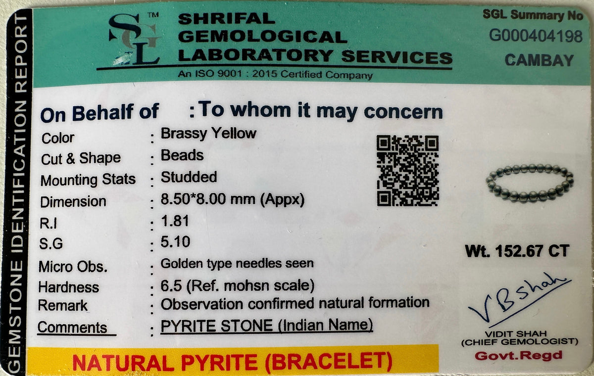 Certificate of Authenticity for Natural Pyrite Bracelet | For Wealth & Confidence