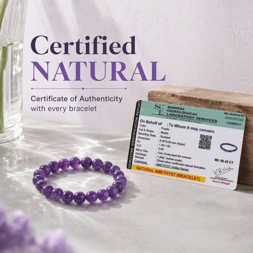 GemSense Natural Amethyst bracelet with certificate of authenticity — genuine purple stone