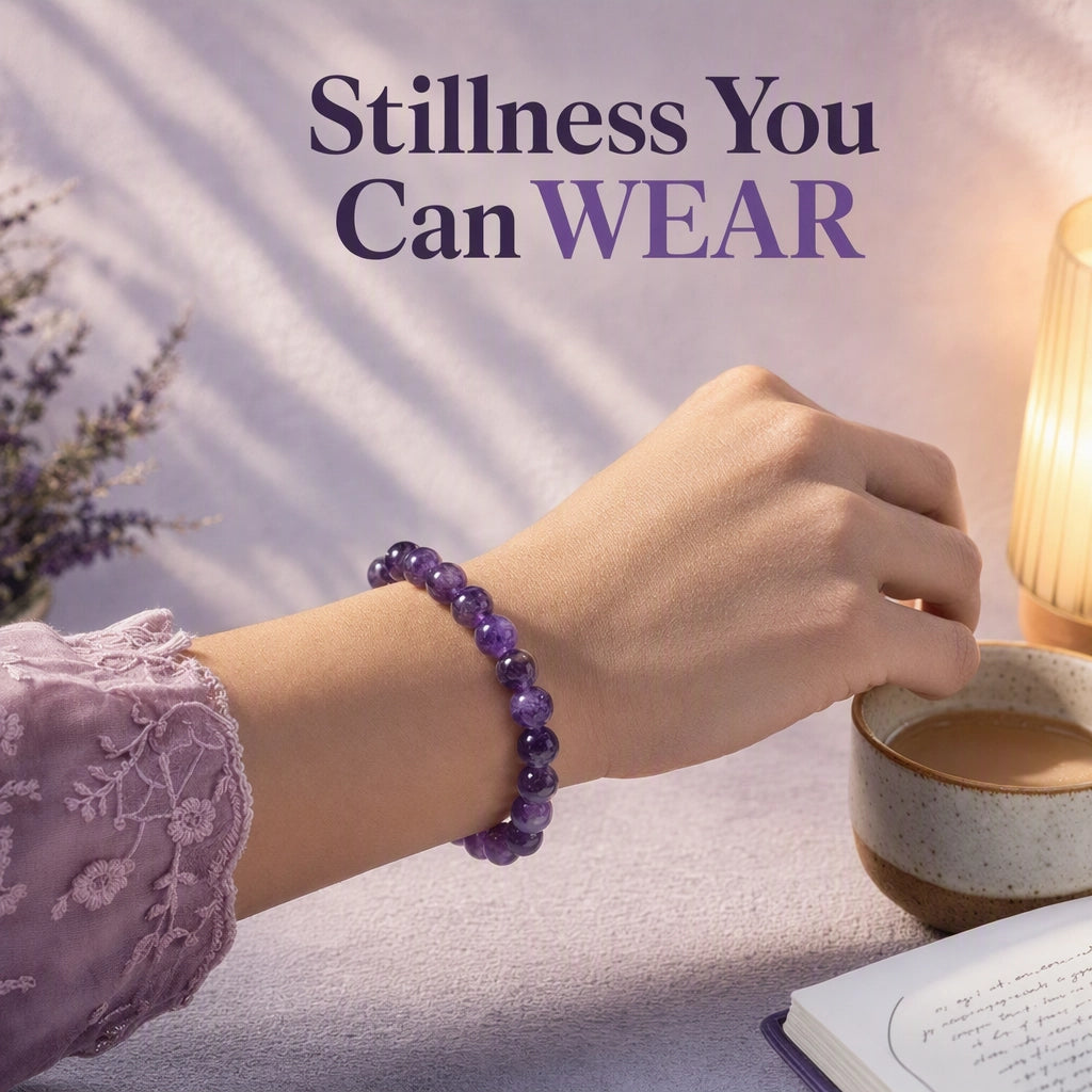 Natural Amethyst crystal bracelet worn on wrist — GemSense calming stone jewellery