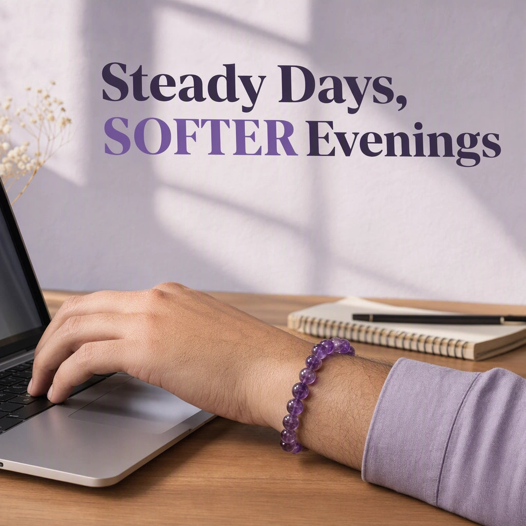 Amethyst crystal bracelet on wrist at a work desk — everyday wear, GemSense