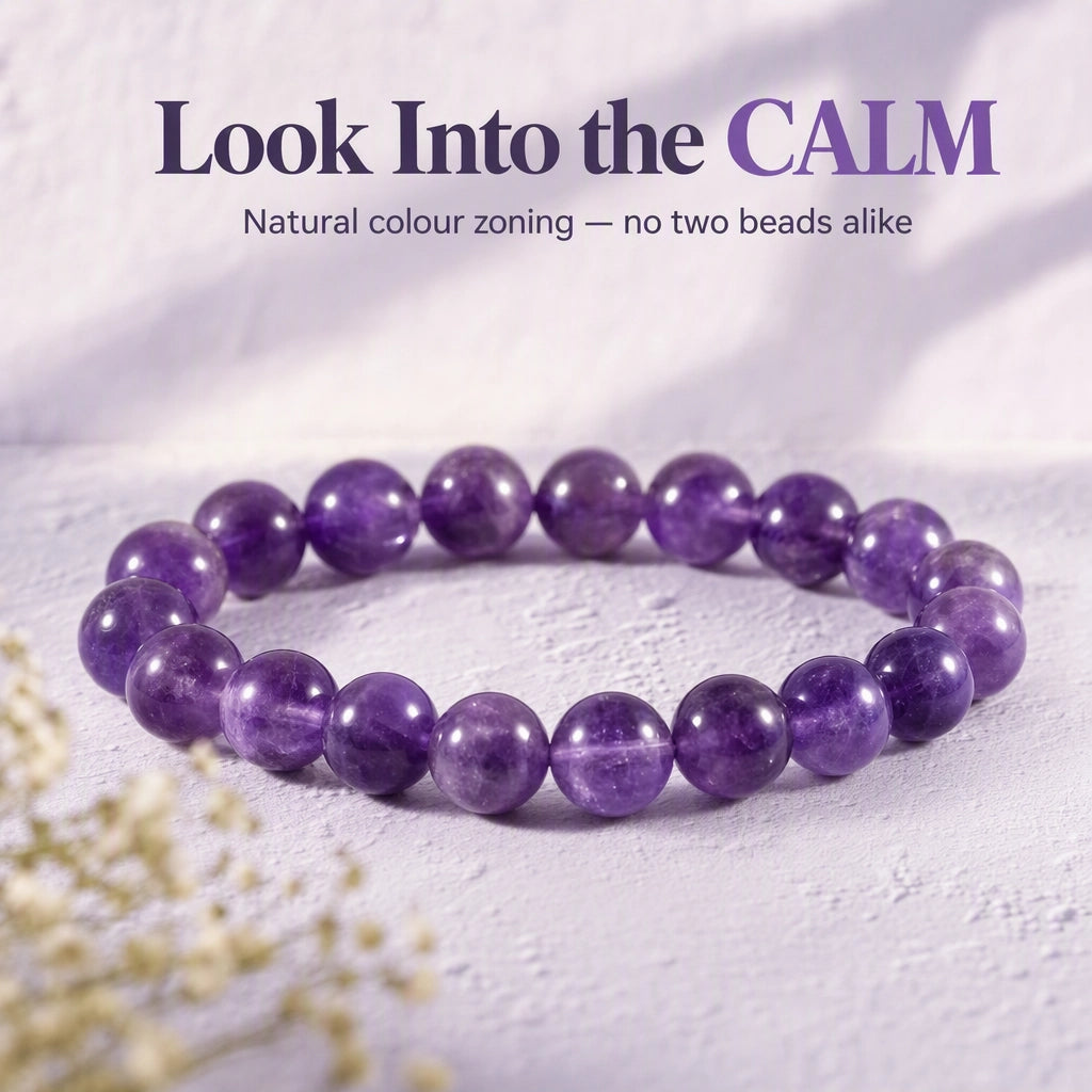 Natural Amethyst bracelet close-up — purple bead colour-zoning detail, GemSense