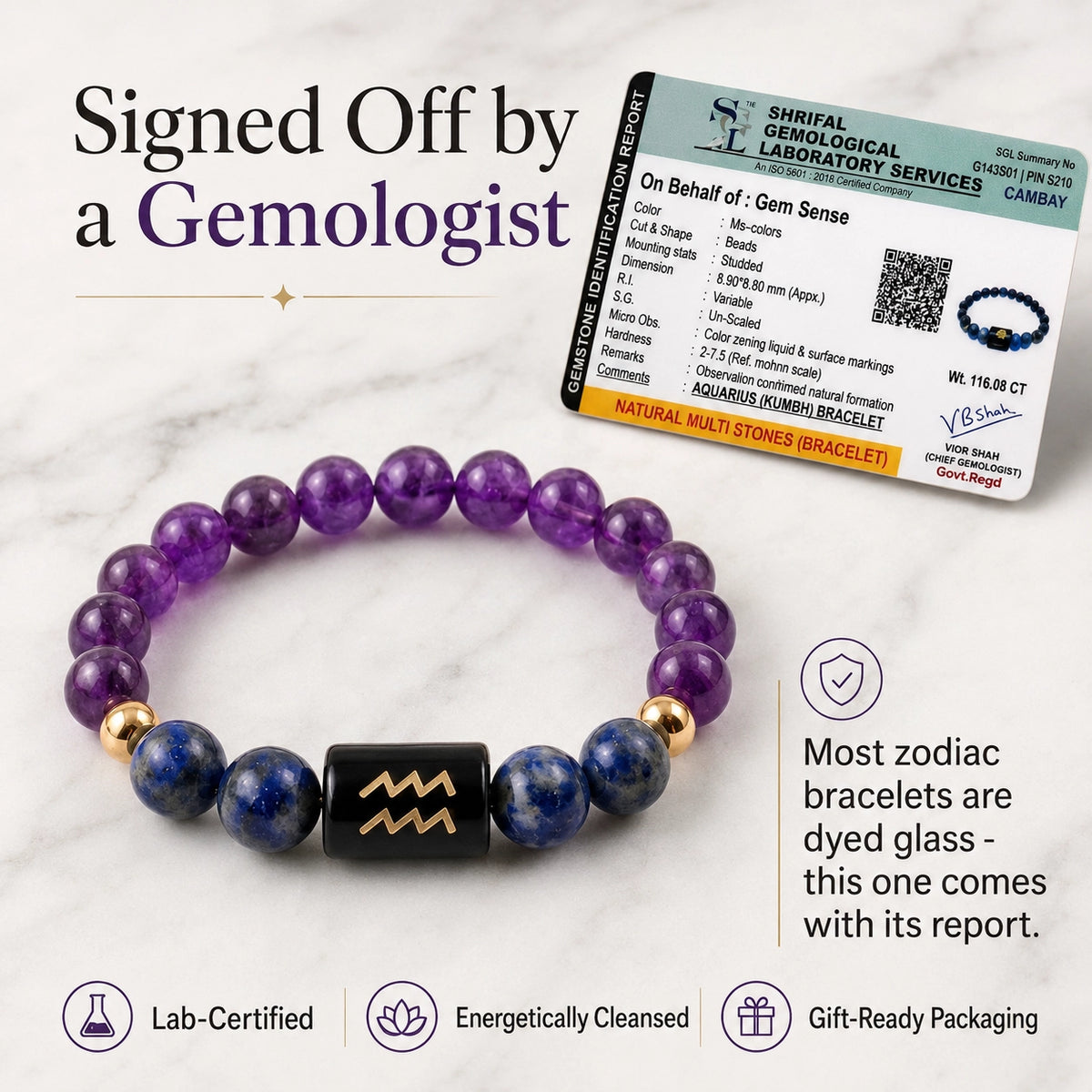 Certificate of Authenticity for Aquarius Zodiac Bracelet (Kumbh Rashi) | Natural Amethyst & Lapis Lazuli