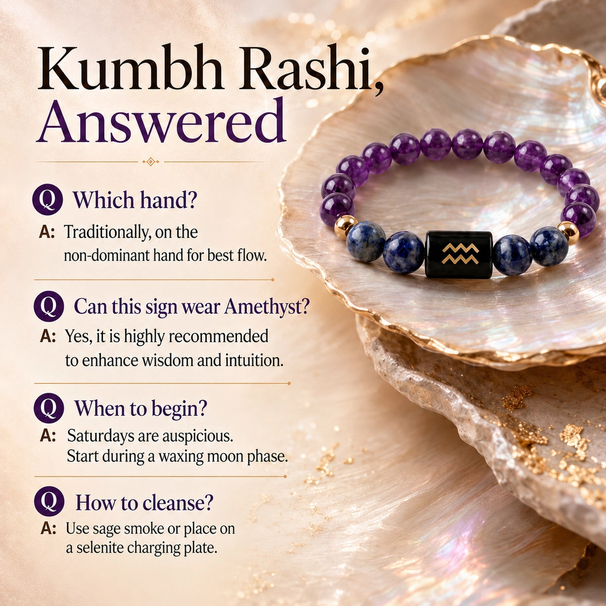 Kumbh Rashi bracelet questions answered — which hand, can Aquarius wear amethyst, when to begin — GemSense