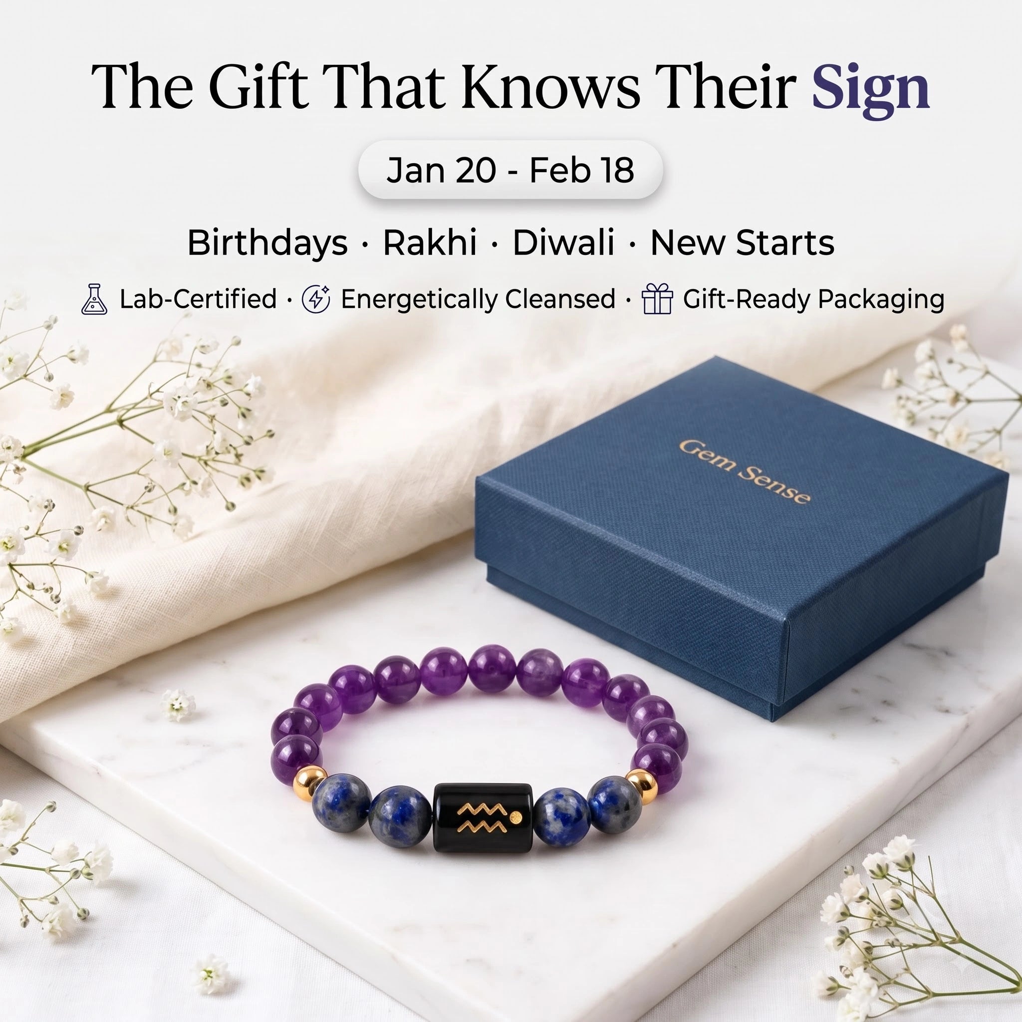 GemSense Aquarius bracelet with gift box — birthday gift for Jan 20 to Feb 18, lab-certified natural stones