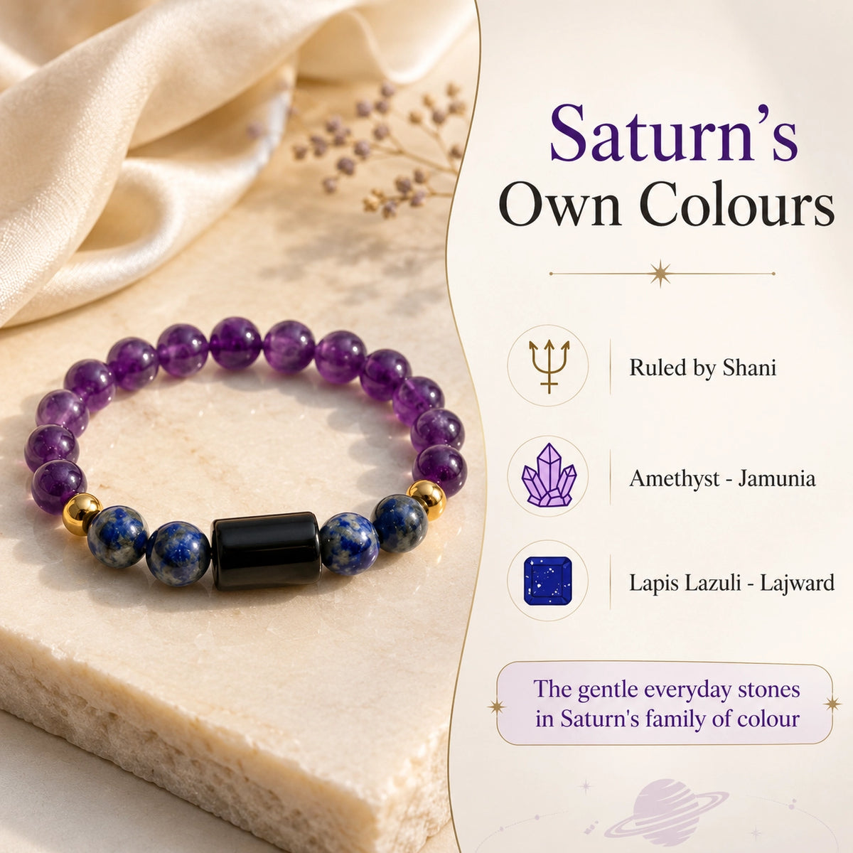 Why amethyst (jamunia) and lapis lazuli (lajward) suit Aquarius — Saturn's colours, GemSense infographic