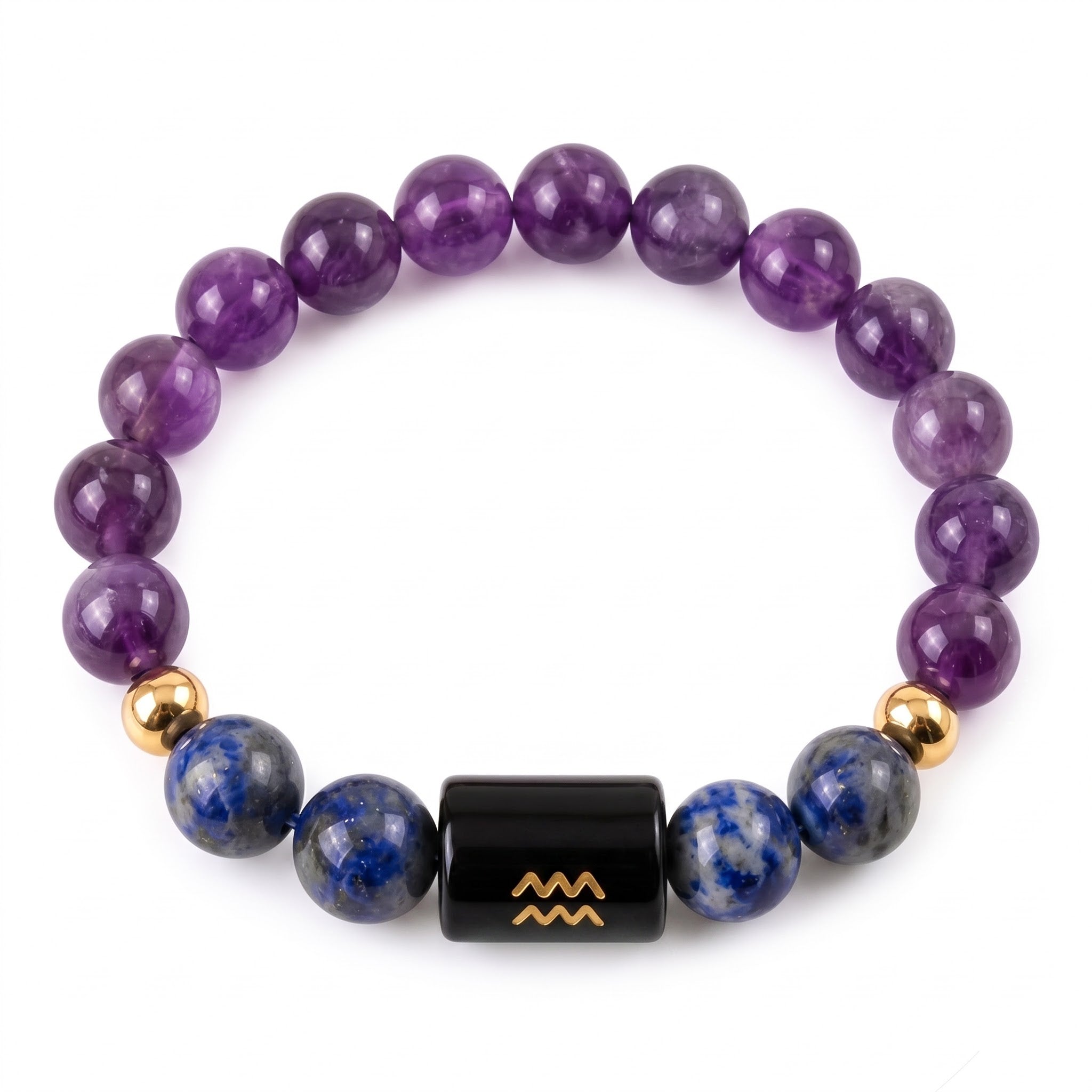 GemSense Aquarius zodiac bracelet — natural amethyst and lapis lazuli beads with engraved golden Aquarius glyph bead