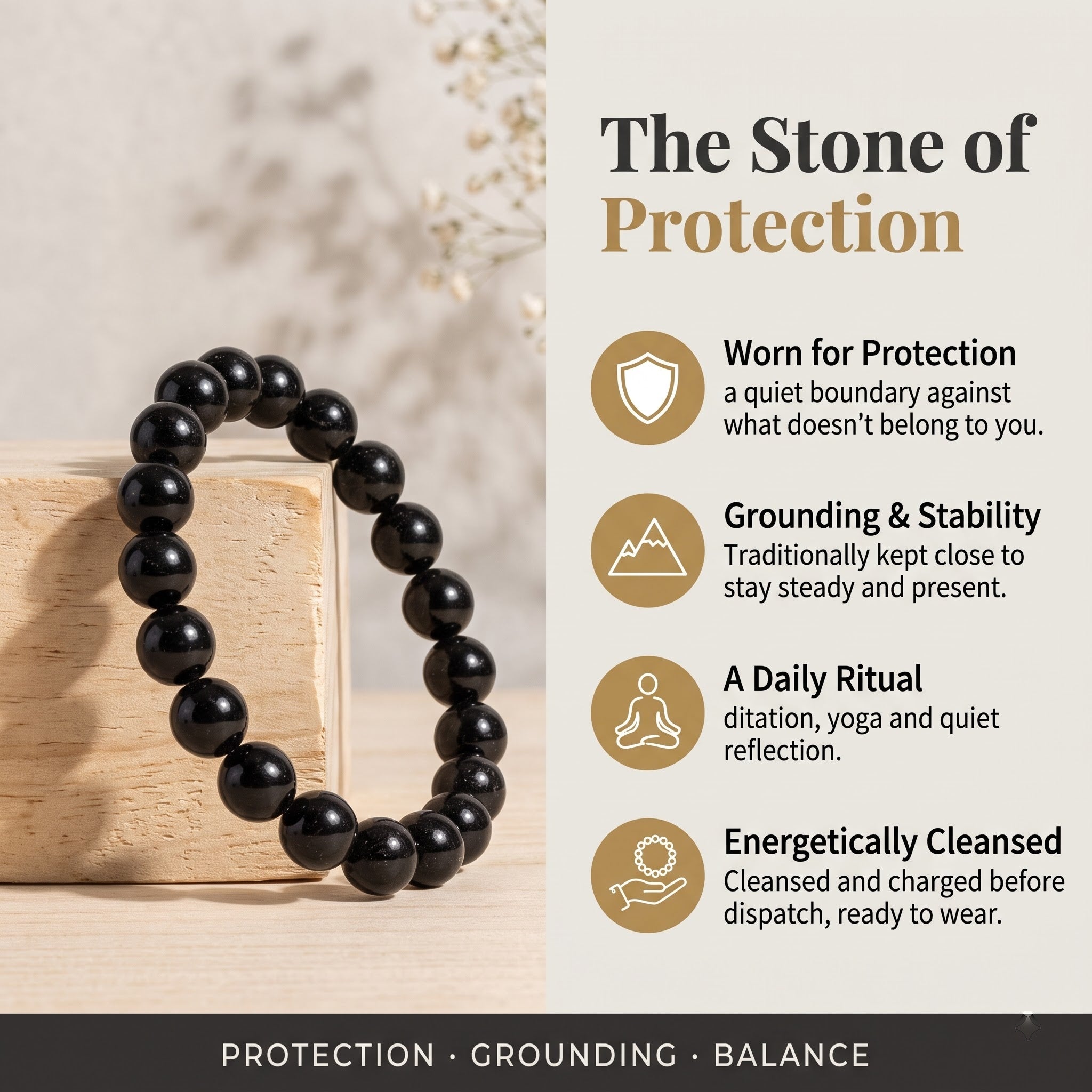 Black Tourmaline worn for protection, grounding and daily ritual — GemSense infographic