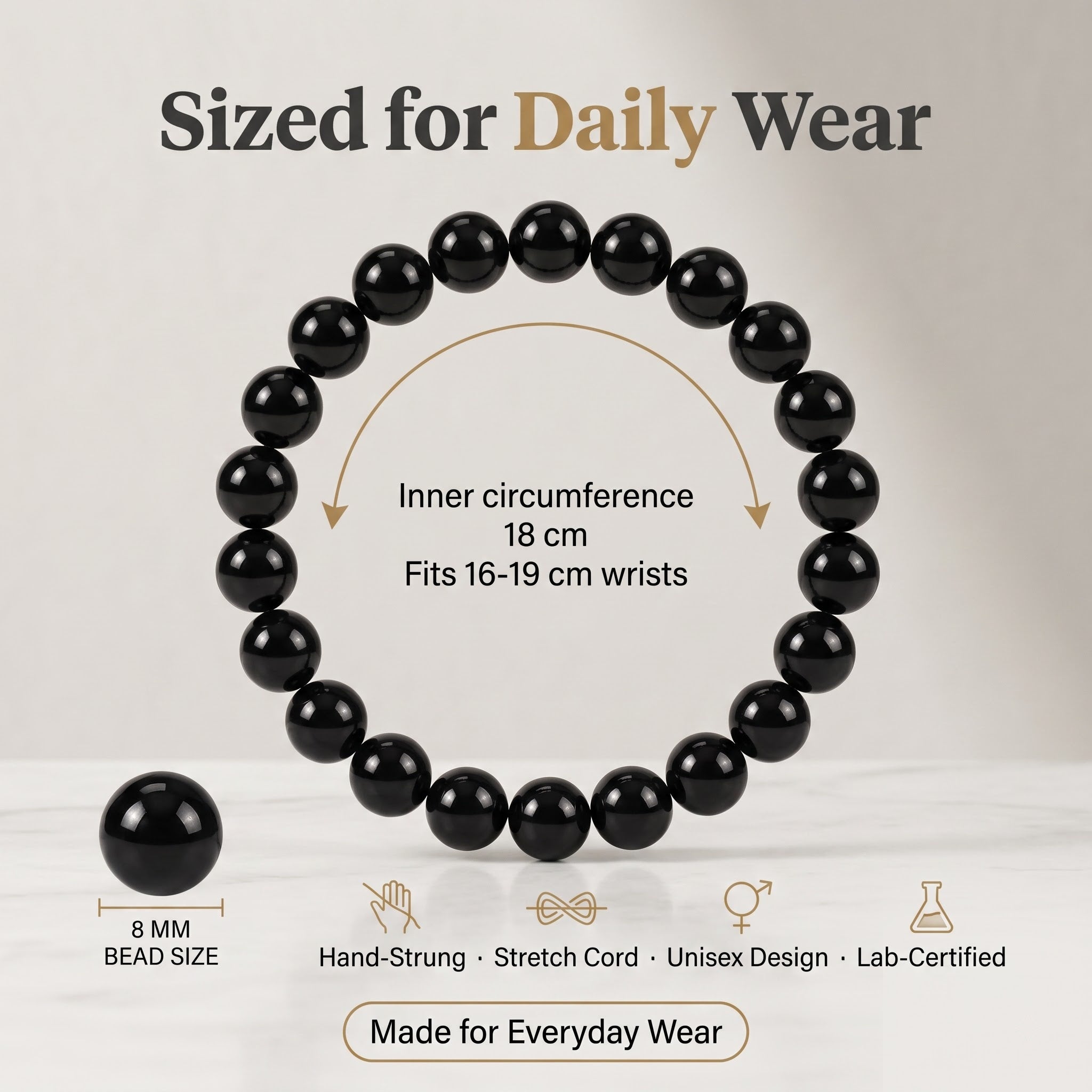 GemSense Black Tourmaline bracelet size guide — 8mm beads, 18 cm stretch fit for daily wear