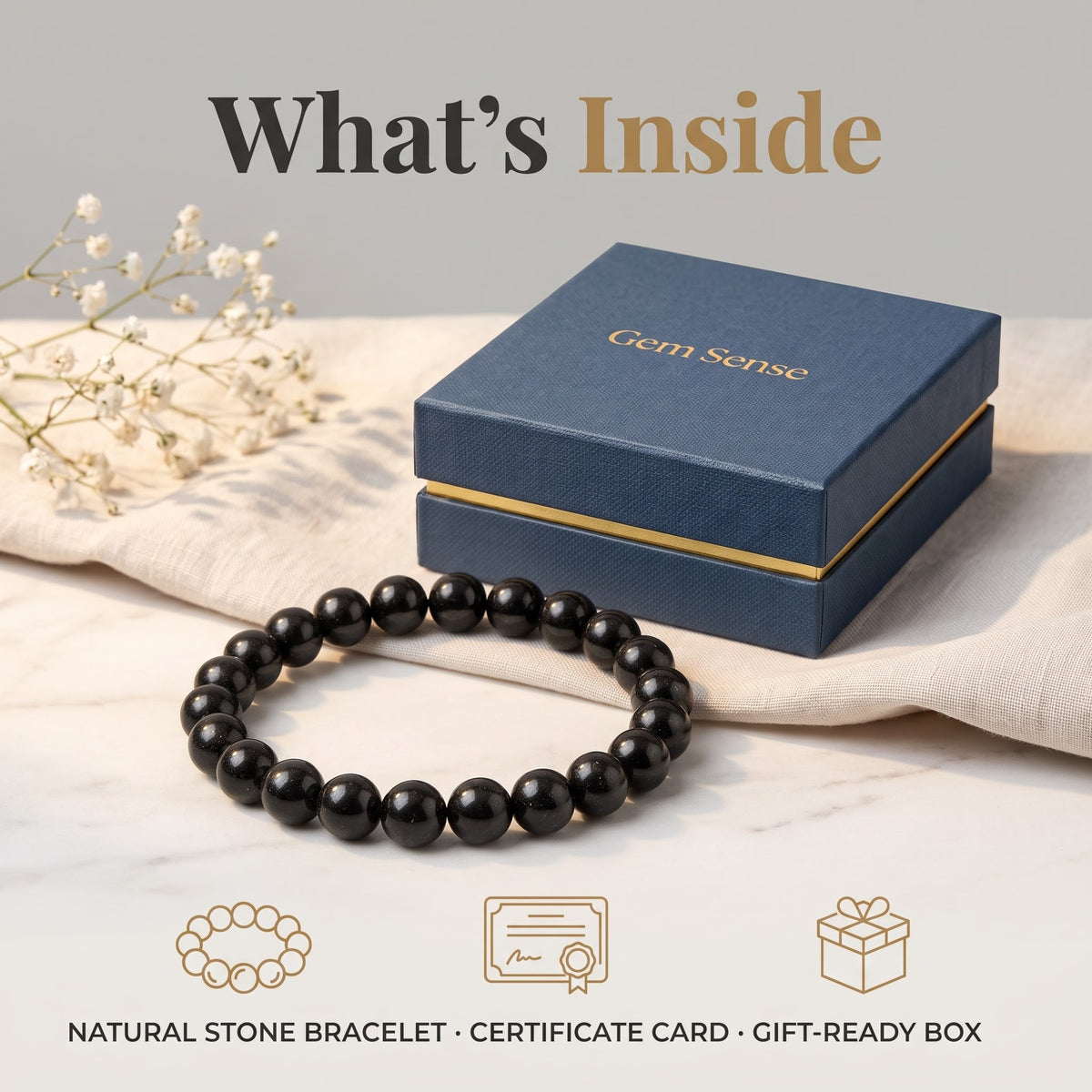 GemSense Black Tourmaline bracelet unboxing — bracelet, certificate card and gift-ready box