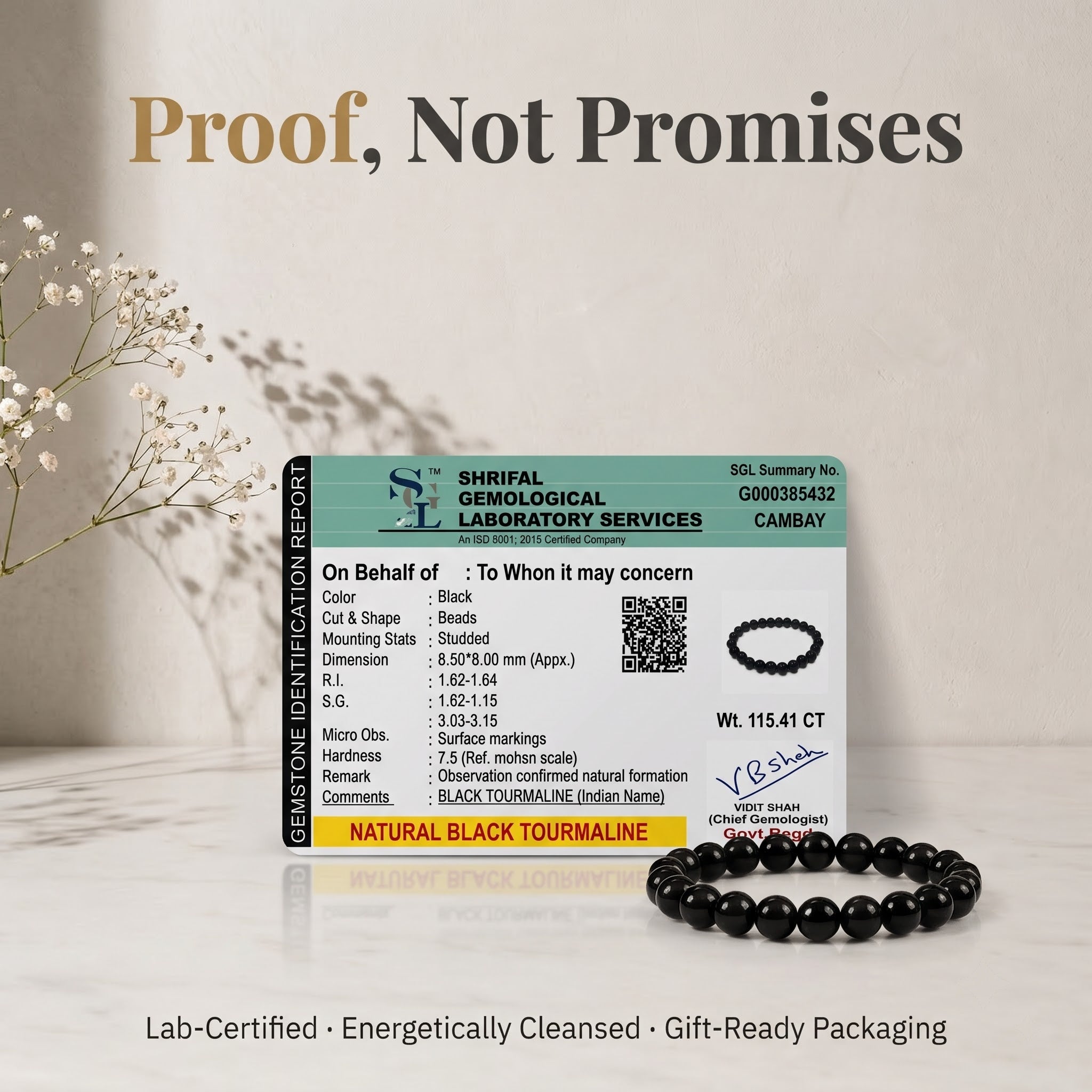 SGL lab certificate for the GemSense natural Black Tourmaline bracelet — proof, not promises