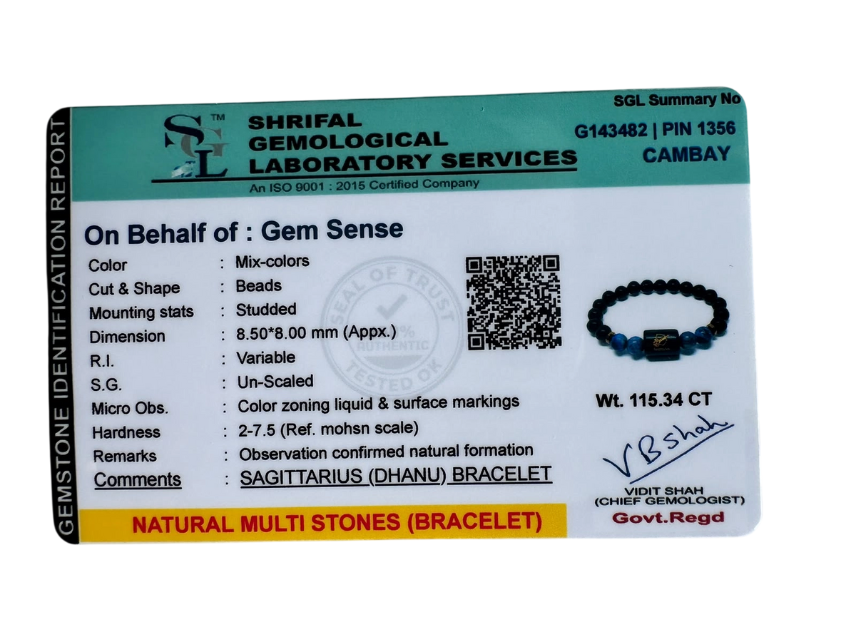 Certificate of Authenticity for Sagittarius Zodiac Bracelet (Dhanu Rashi) | Natural Lapis Lazuli & Black Obsidian