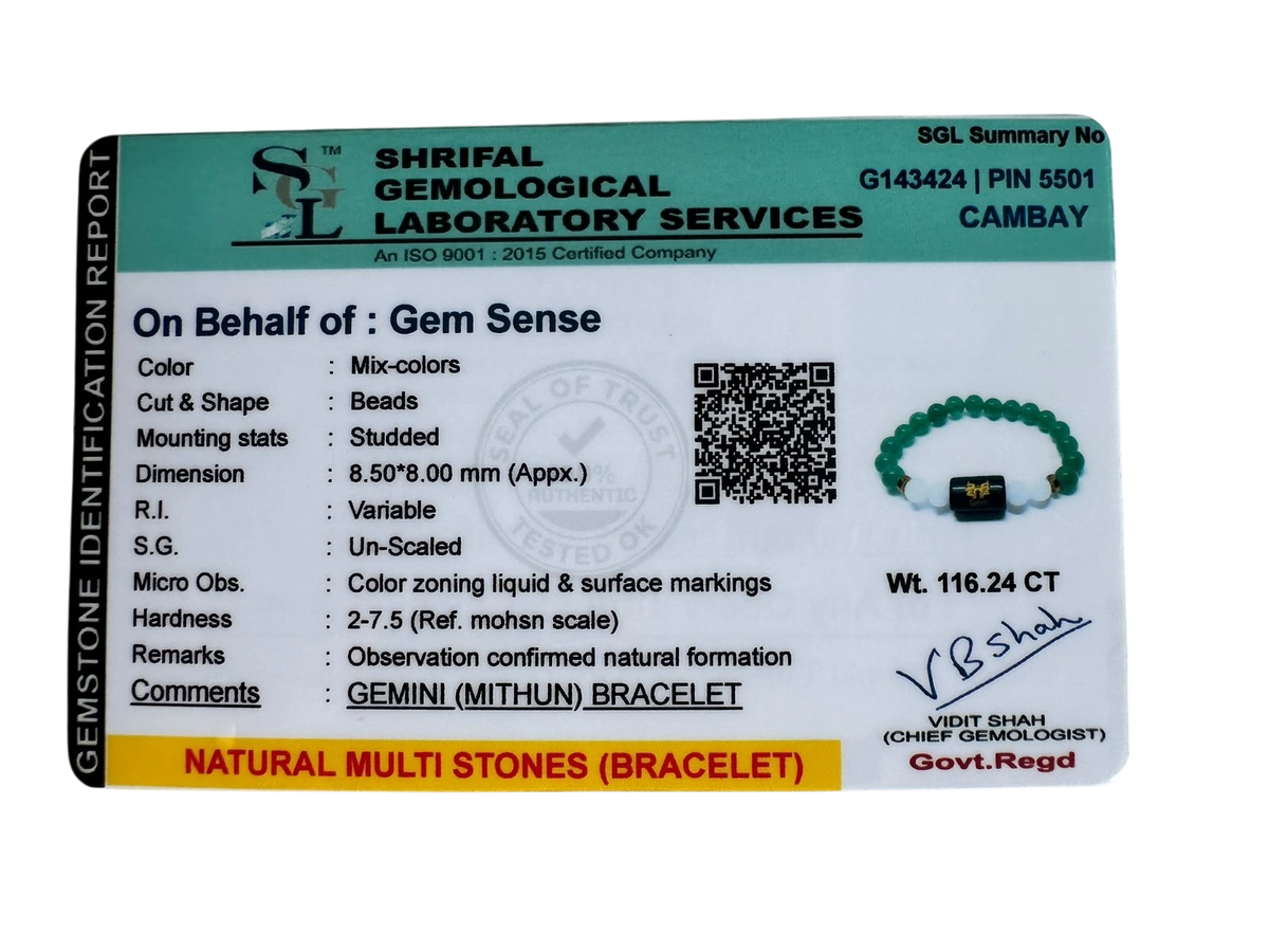 Certificate of Authenticity for Gemini Zodiac Bracelet (Mithun Rashi) | Natural Green Aventurine & Milky Quartz
