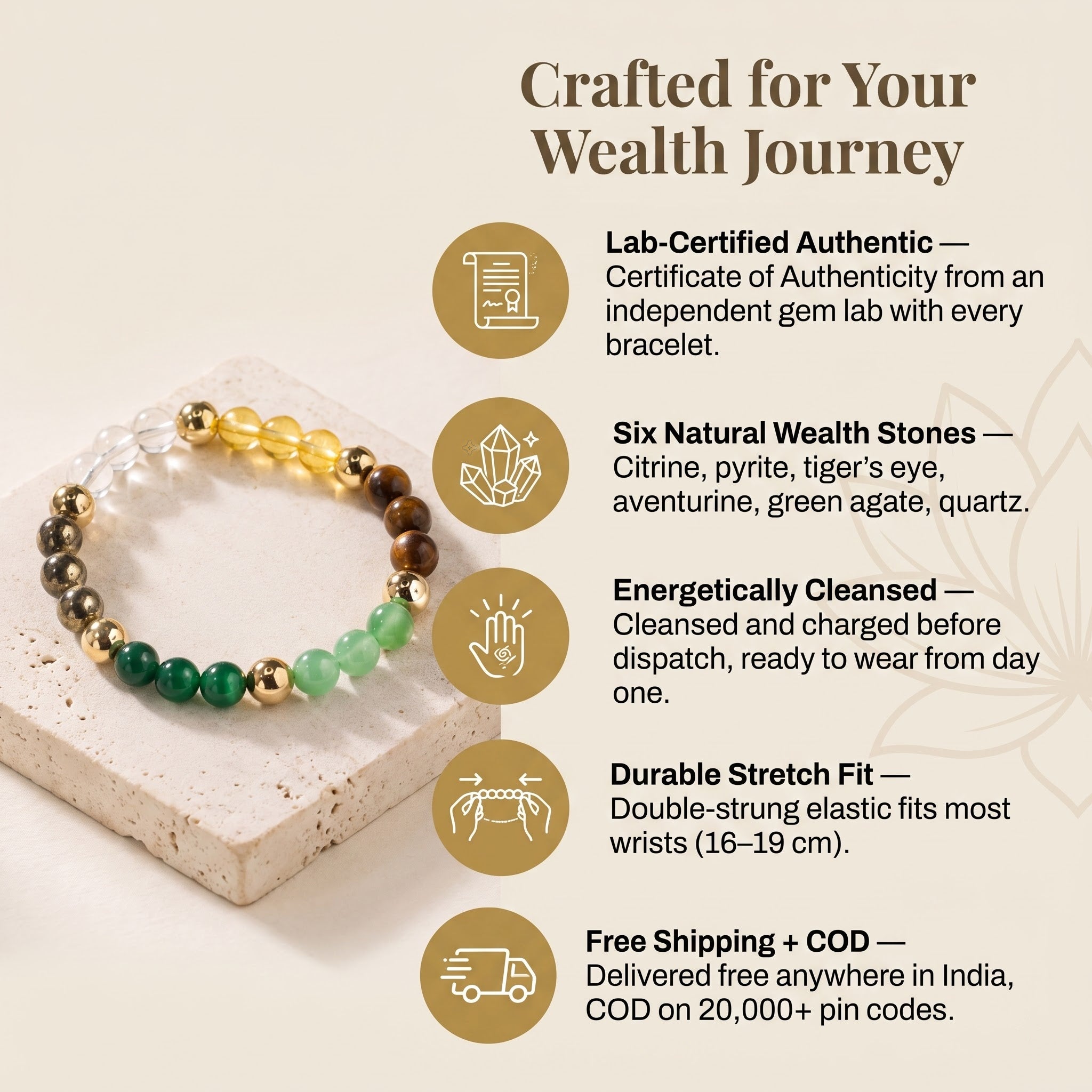 GemSense Dhan Yog bracelet features — six natural wealth stones, lab-tested and cleansed