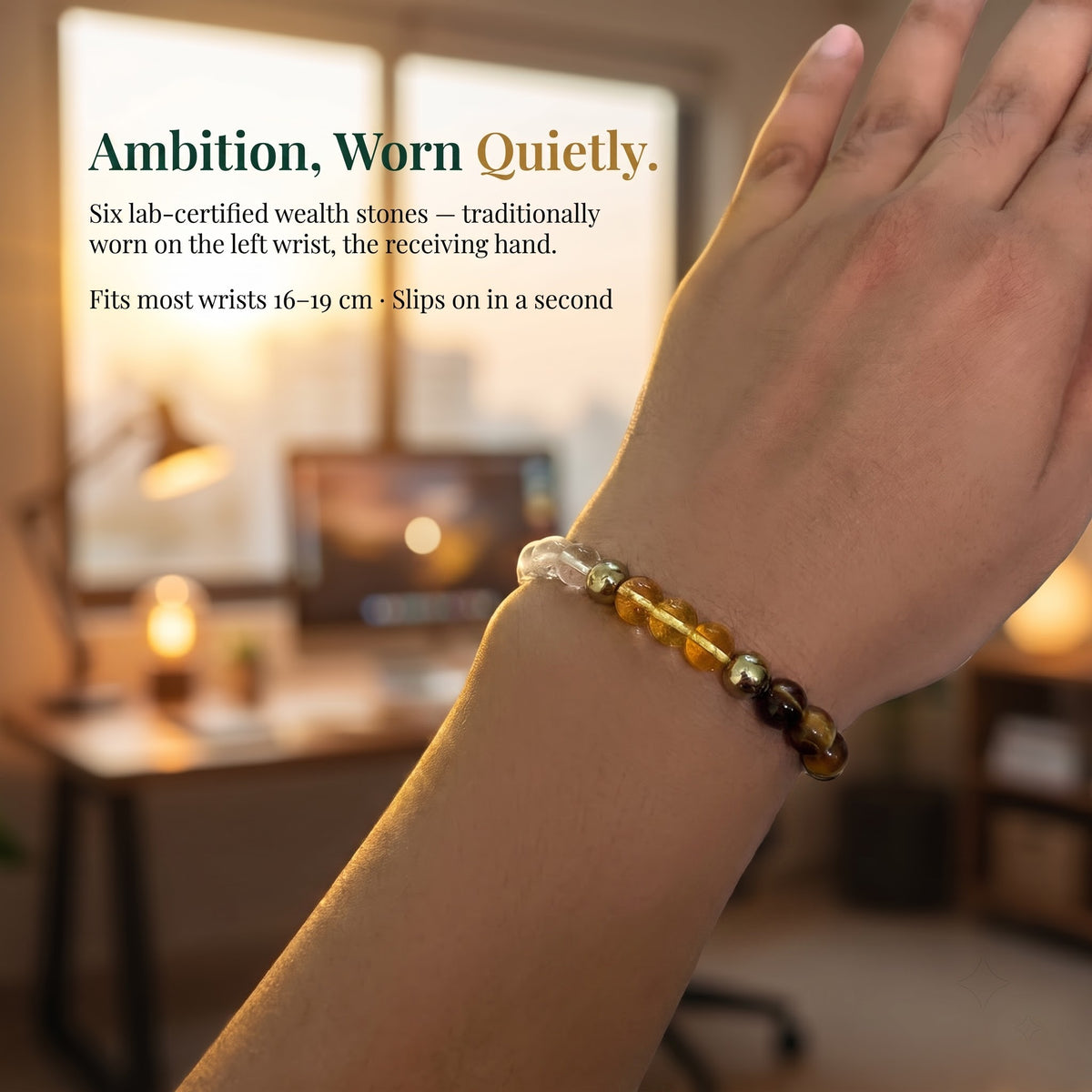 GemSense Dhan Yog wealth bracelet worn on wrist — everyday spiritual jewellery