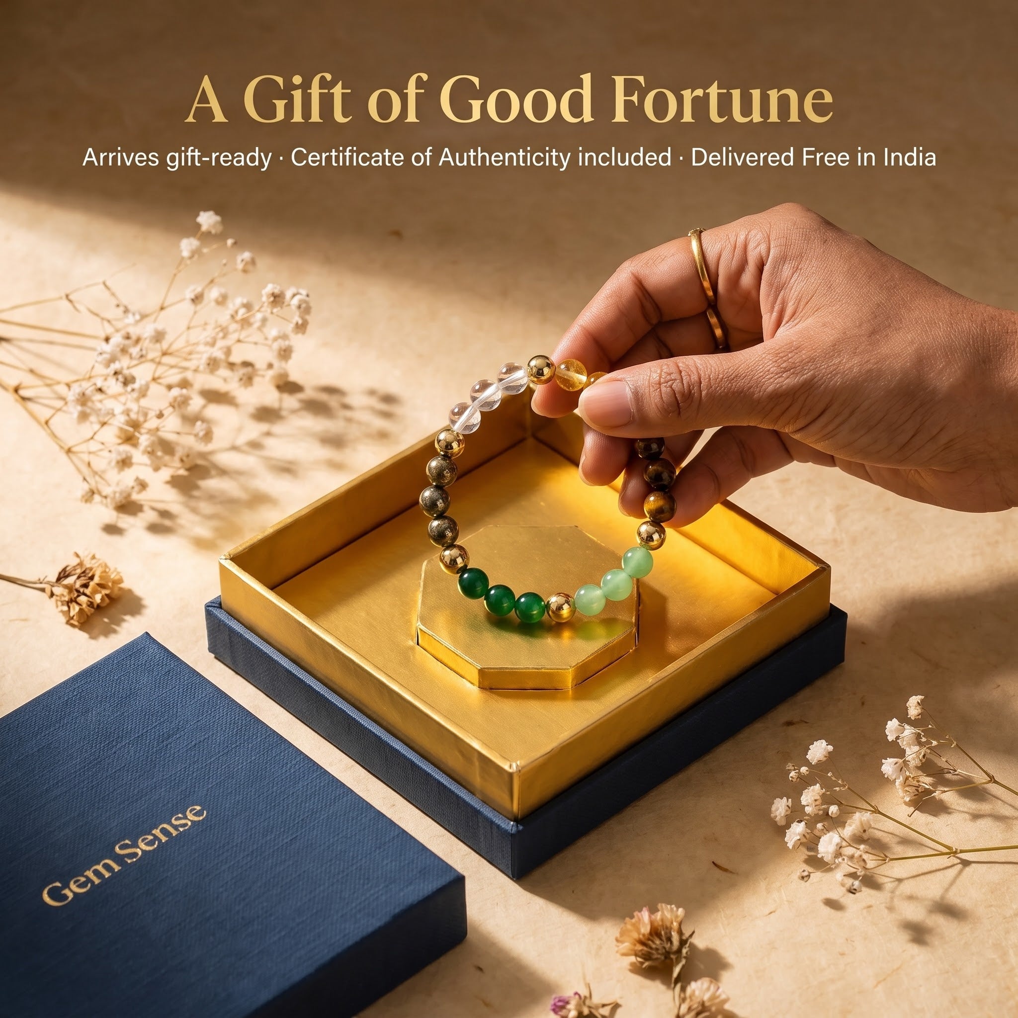 Dhan Yog bracelet in gift box with certificate of authenticity — GemSense gift-ready