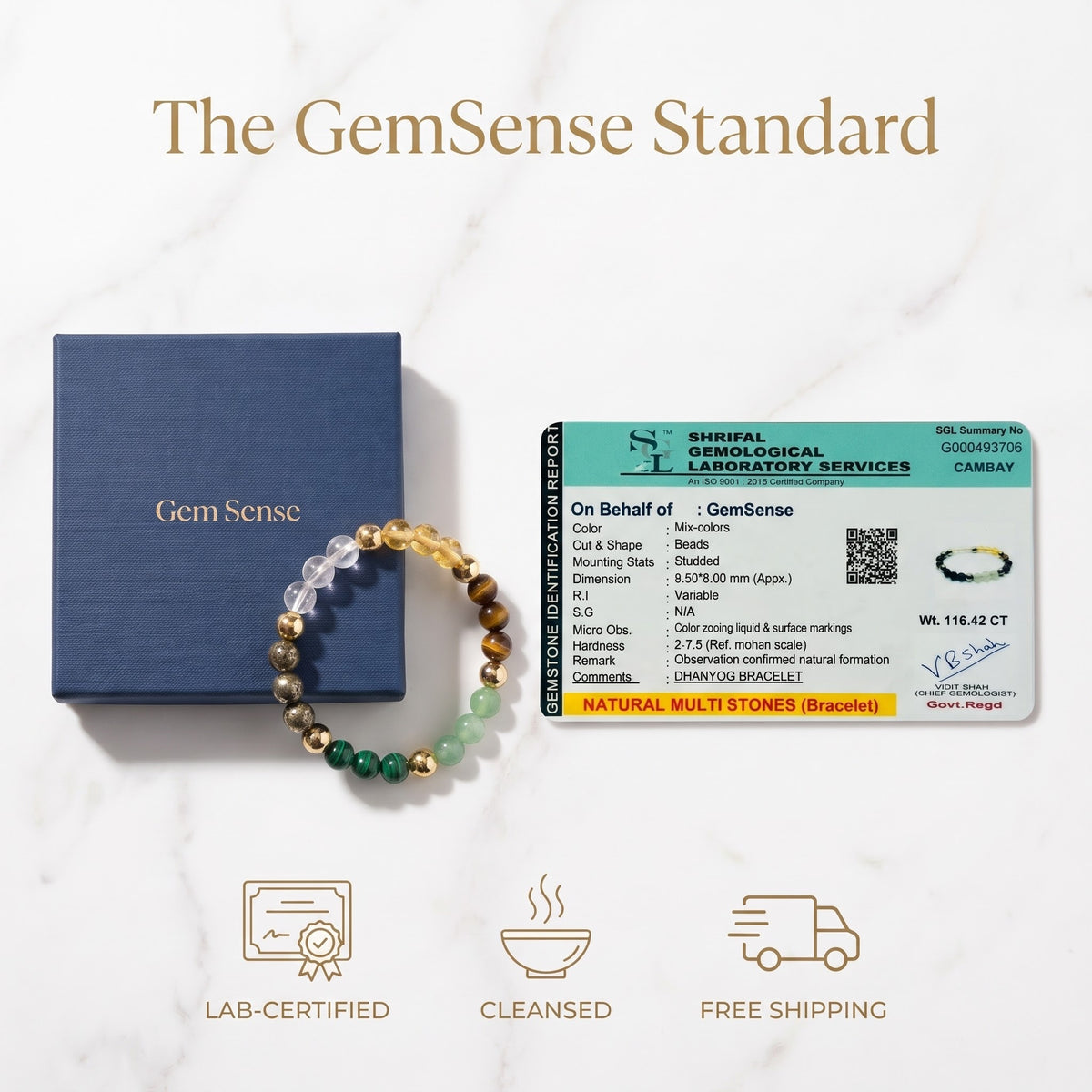 GemSense Dhan Yog bracelet with lab authenticity certificate and gift box