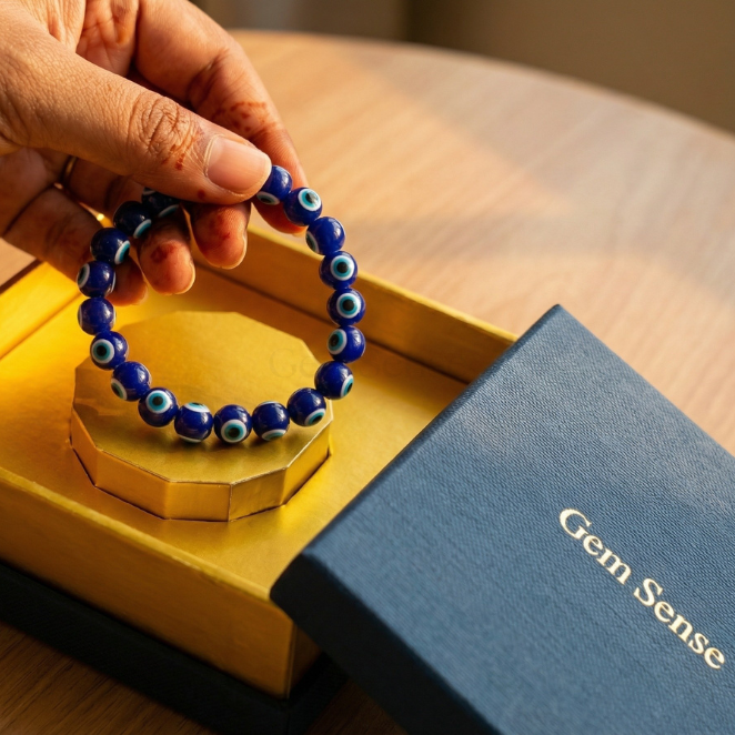 GemSense Evil Eye (Nazar) bracelet — blue glass amulet beads worn for protection