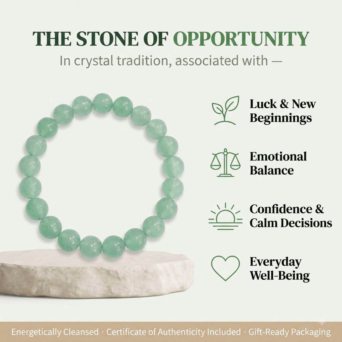 GemSense Green Aventurine crystal bracelet — natural, SGL lab-certified