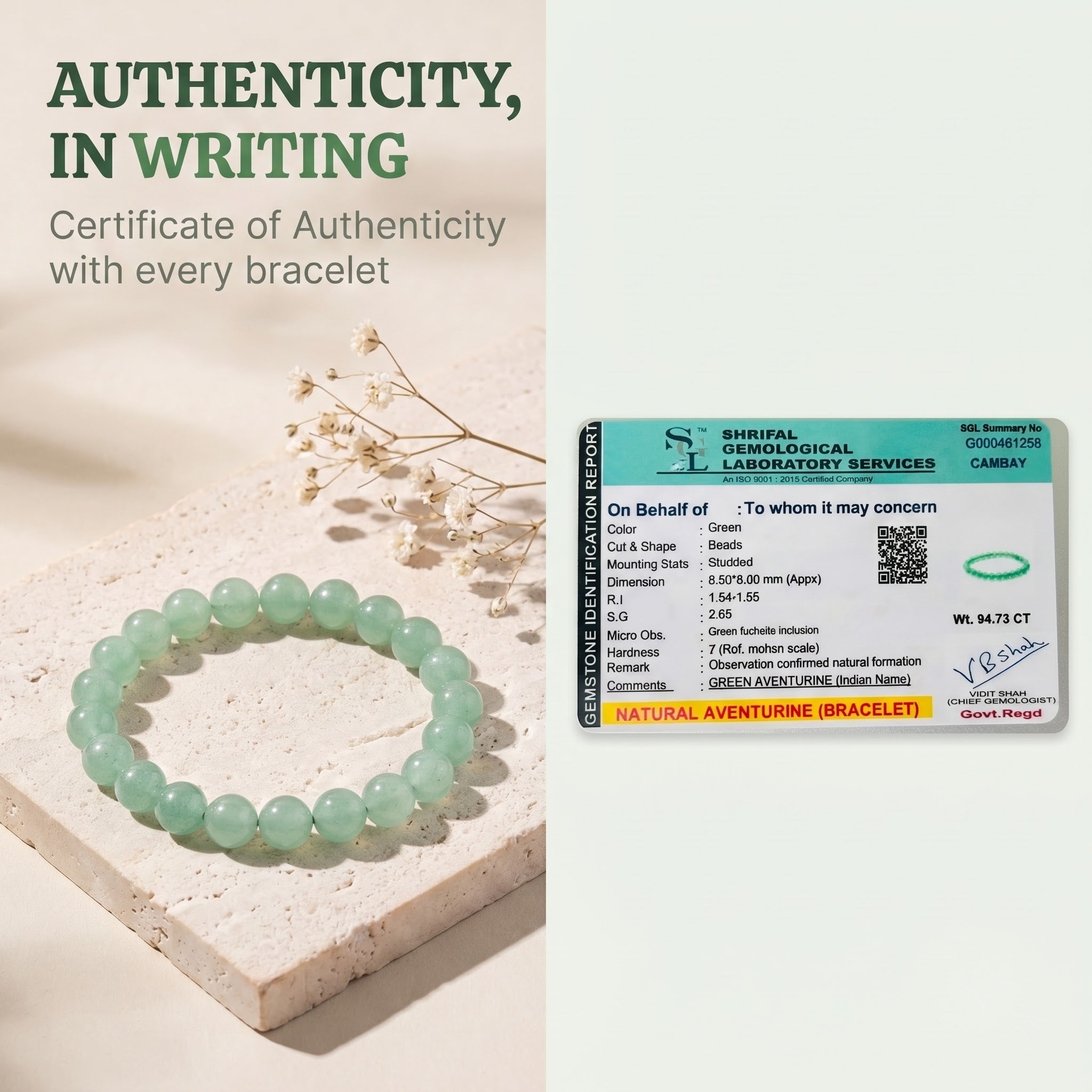 GemSense Green Aventurine crystal bracelet — natural, SGL lab-certified