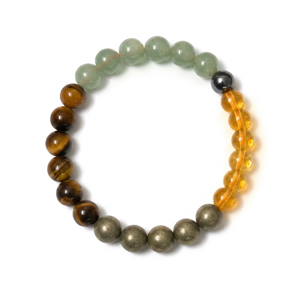 GemSense Money Magnet Bracelet - natural pyrite, citrine, tiger eye and green aventurine stone beads on white