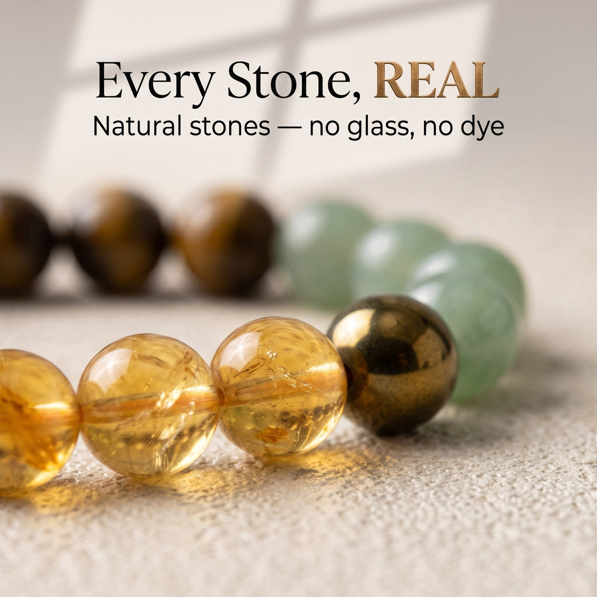 Money Magnet bracelet close-up - genuine natural pyrite, citrine and tiger eye beads, no glass or dye, GemSense