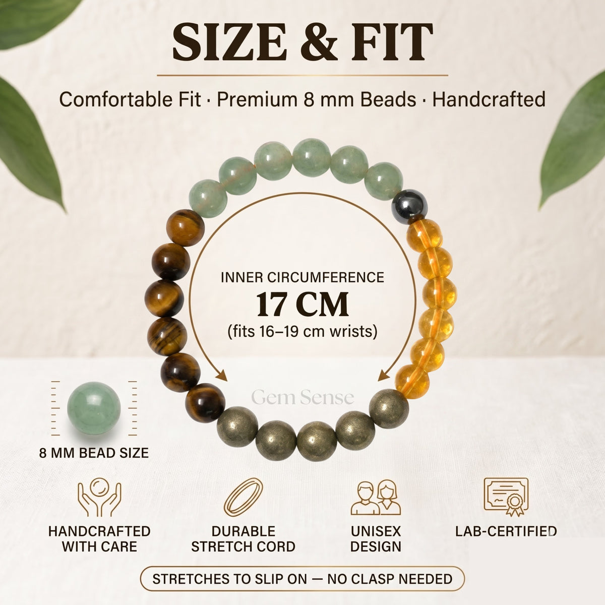 Money Magnet Bracelet size and fit guide - 8mm beads, 17 cm adjustable stretch fit, GemSense
