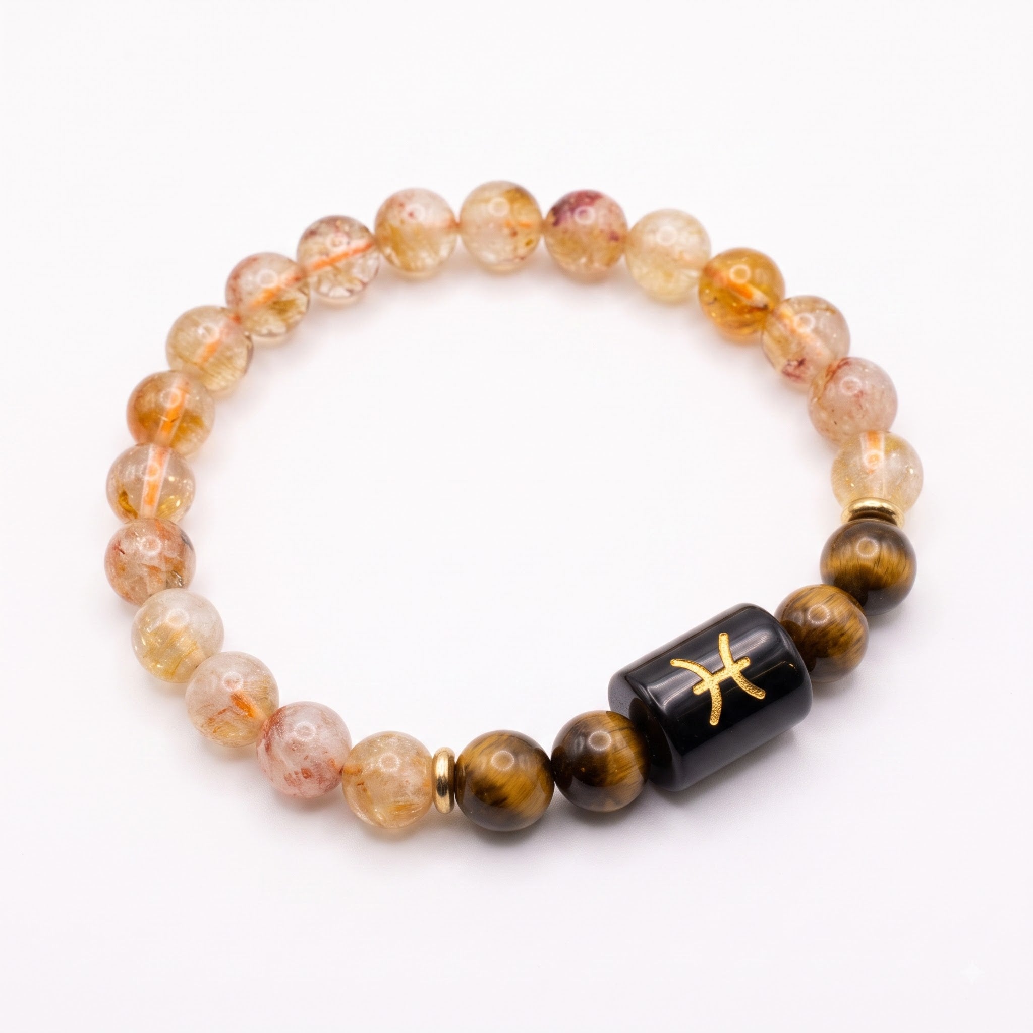 GemSense Pisces zodiac bracelet — natural citrine and tiger eye beads with engraved golden Pisces glyph bead