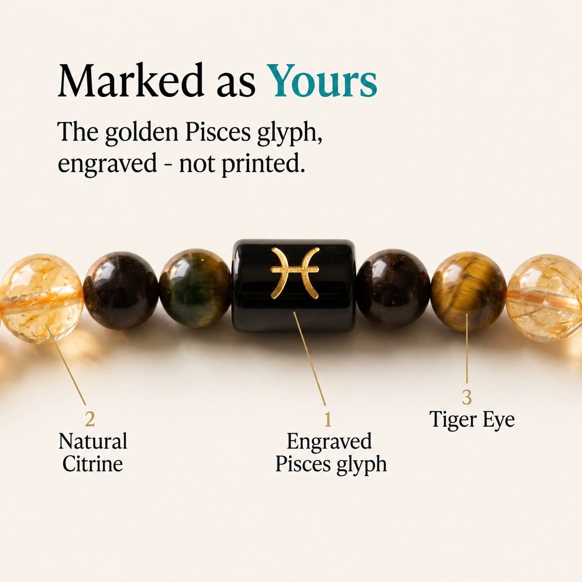 Engraved golden Pisces glyph on black bead between citrine and tiger eye beads — GemSense Meen Rashi bracelet