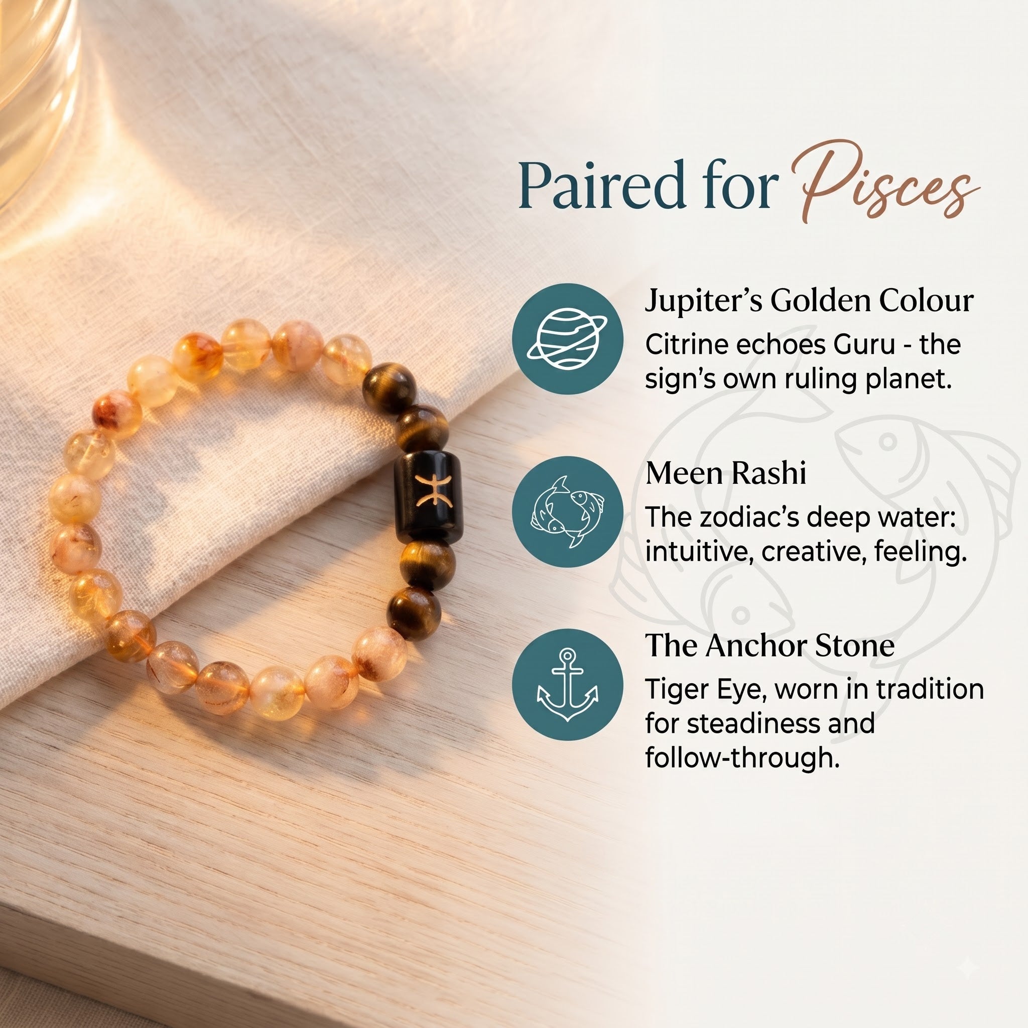 Why citrine and tiger eye suit Pisces (Meen Rashi) — Jupiter's golden colour, intuition and grounding — GemSense infographic