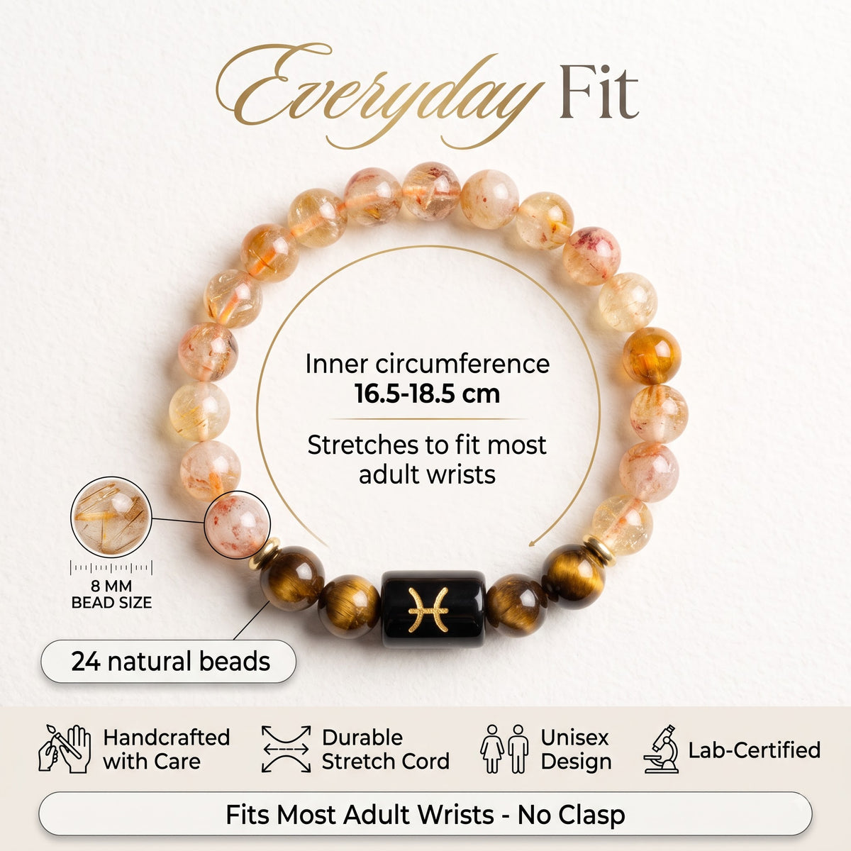 GemSense Pisces bracelet size guide — 8mm natural beads on stretch cord, fits most adult wrists