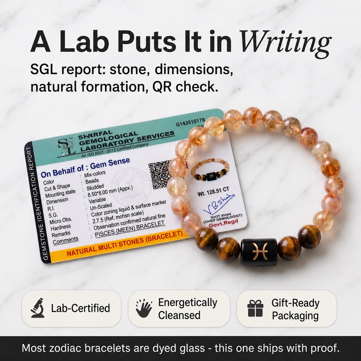 SGL gemological lab certificate included with the GemSense Pisces Meen Rashi bracelet