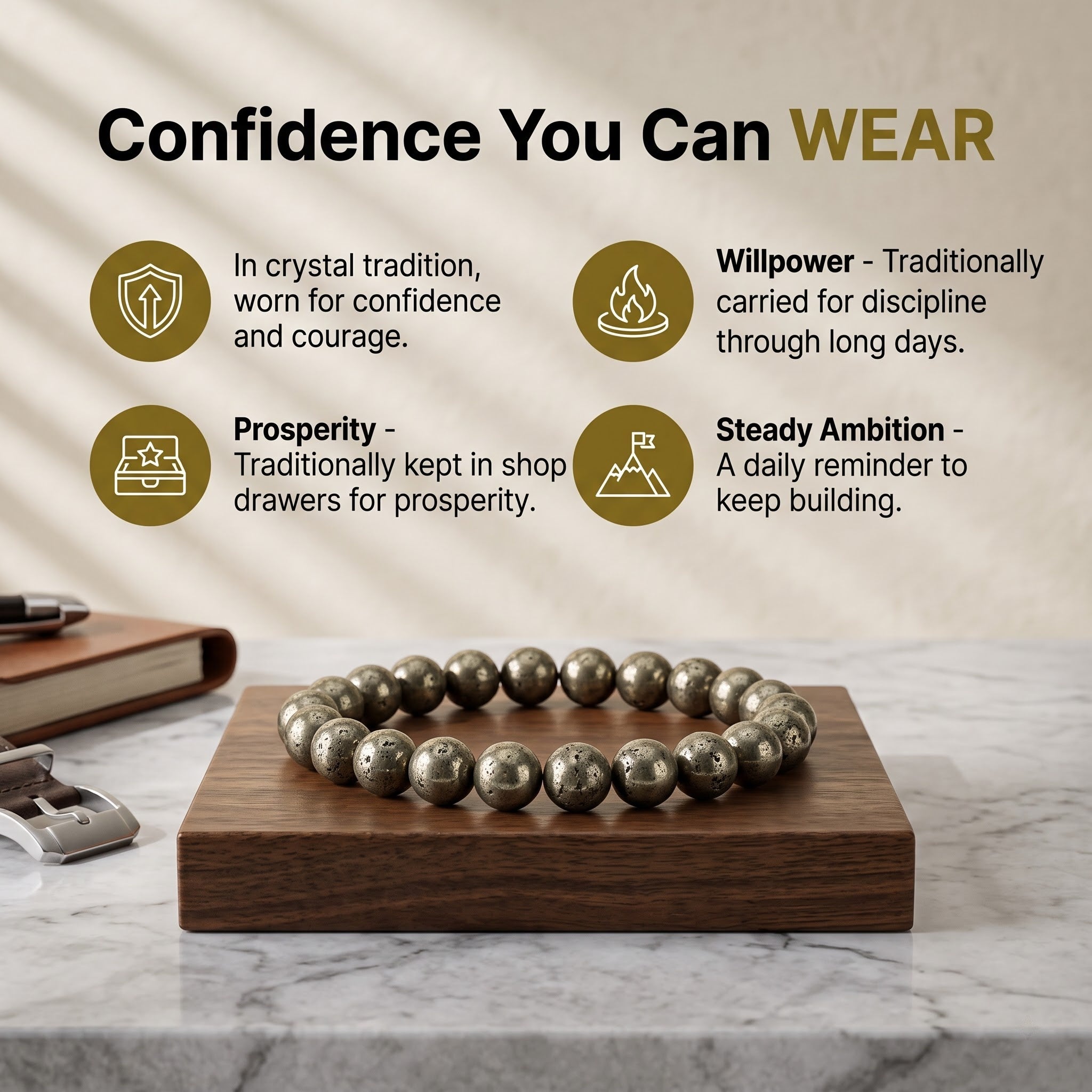 Pyrite Bracelet benefits - natural pyrite money magnet stone worn for confidence and prosperity, GemSense