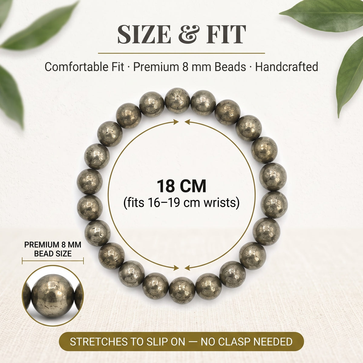 Pyrite Bracelet size and fit guide - 8mm beads, 18 cm adjustable stretch fit, GemSense