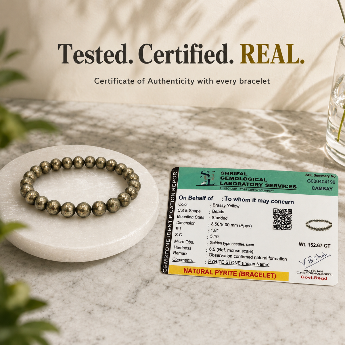 GemSense Pyrite Bracelet with SGL authenticity certificate - genuine lab-tested natural pyrite stone