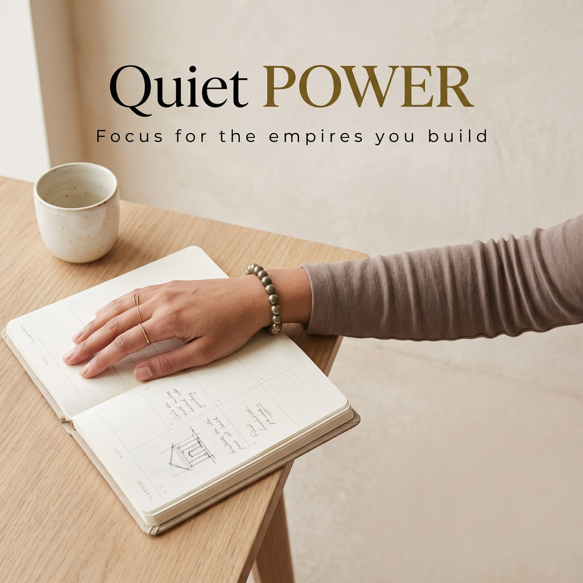 Pyrite bracelet on wrist beside a journal - calm, focused everyday wear, GemSense natural stone jewellery