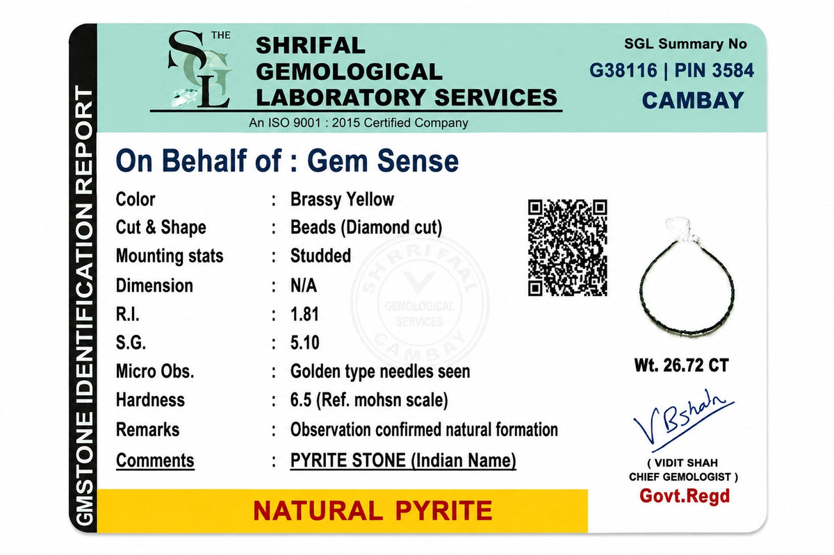 Certificate of Authenticity for Natural Pyrite Anklet (Lakshmi Payal) | For Wealth & Manifestation