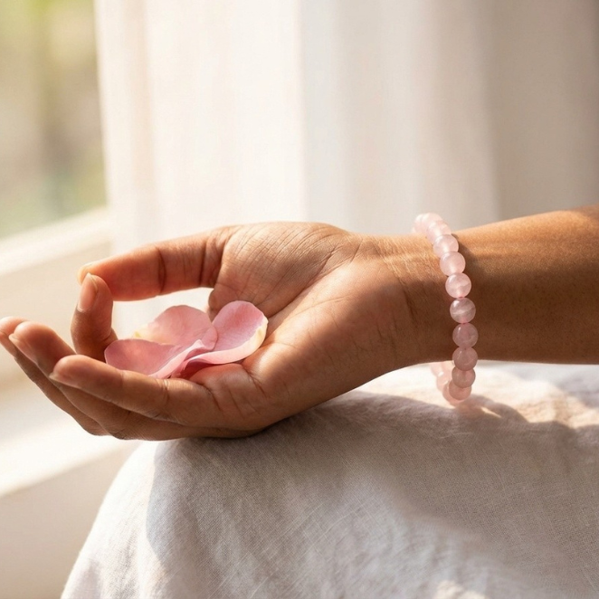 GemSense Rose Quartz crystal bracelet — natural, SGL lab-certified